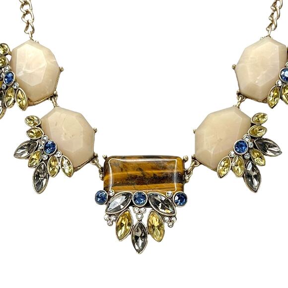 Statement Necklace Faux Stone, Tiger Eye and Rhinestones With Gold Tone Chain - Picture 3 of 9
